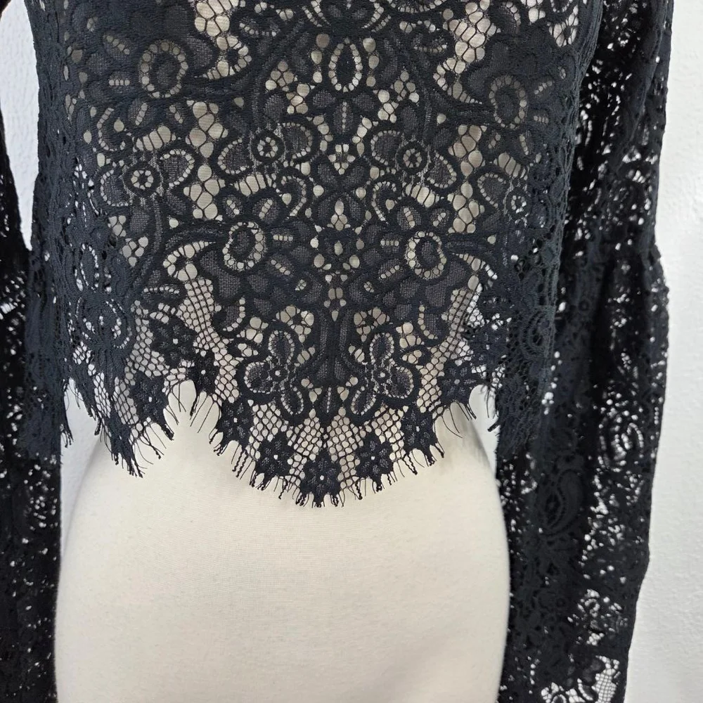 For Love & Lemons Vika black lace top bell sleeve sheer scalloped women's small